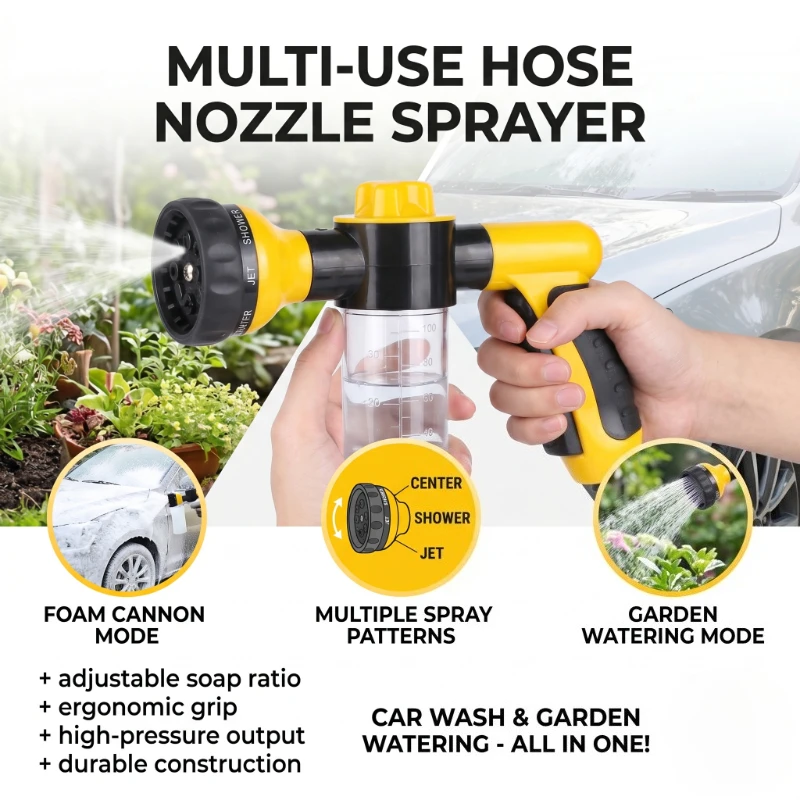 Multifunctional Adjustable Mode Water Guns Nozzle Hose Washer Garten Watering Jet Sprayer with Foam Container Fertilizer Tools