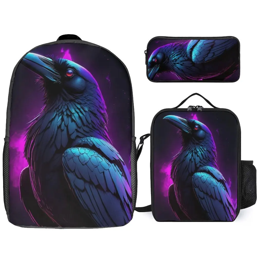 Synthwave Raven Skull Demon Slayer 2 3 in 1 Set 17 Inch Backpack Lunch Bag Pen Bag  Durable Field Pack Cosy Picnics Premium