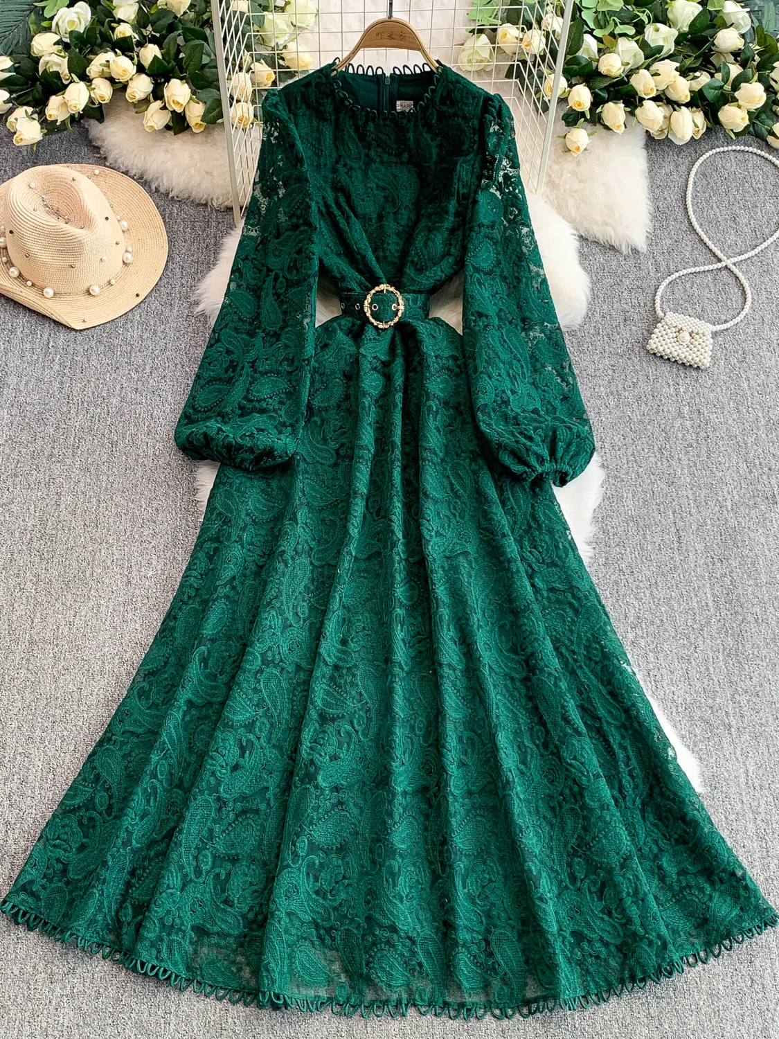 

Retro Heavy Embroidery Lace round Ne Lantern Sve Dr Women Summer Waist Cinching Slimming Maxi Dr Long Skirt