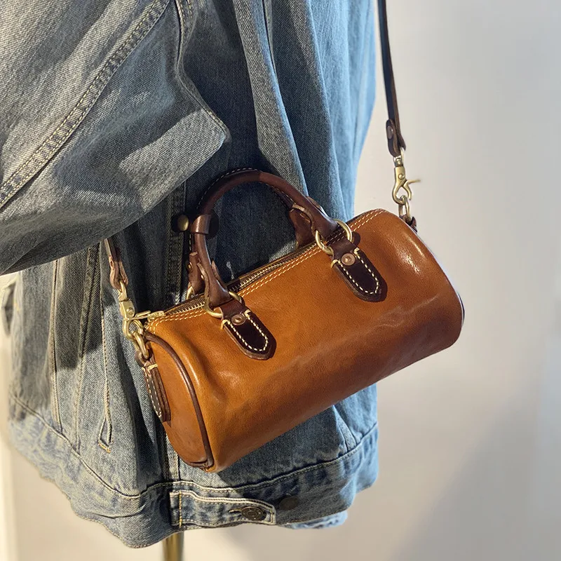 Vintage fashion high quality natural genuine leather Woman small cylinder handbag outdoor work weekend shoulder diagonal bag