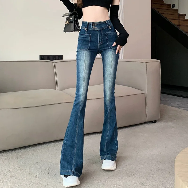 Ladies Vintage High Waisted Jeans Woman Streetwear Lim-Fit Denim Trousers Girls Casual Denim Bell-bottoms Female Pants VAL6902A