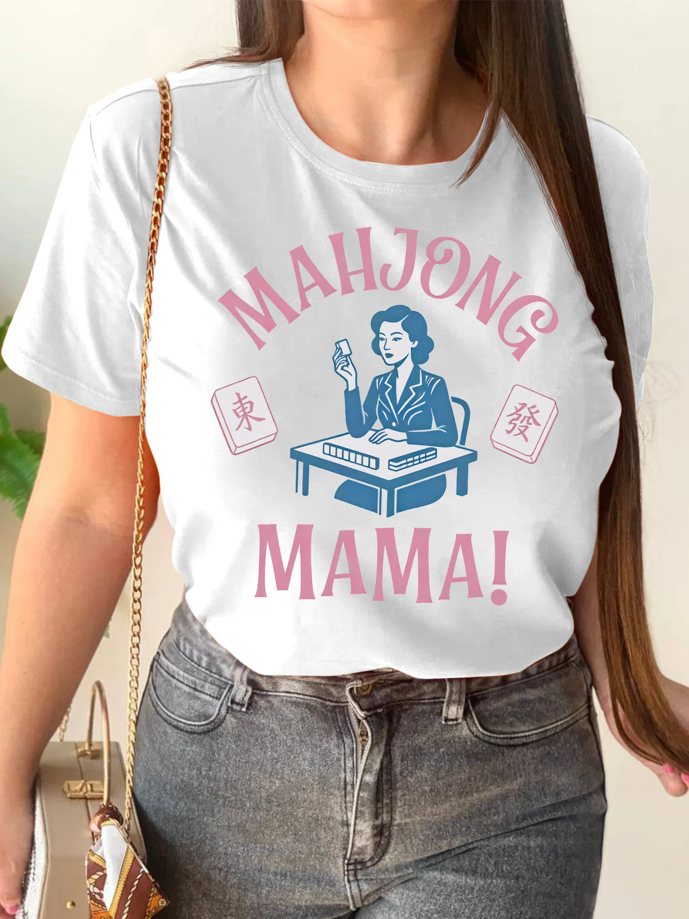 Mahjong Mama Vintage Lady Tile Graphic Womens Crew Neck Short Sleeve T Shirt Game Theme Print Tees For Ladies Casual Party Wear