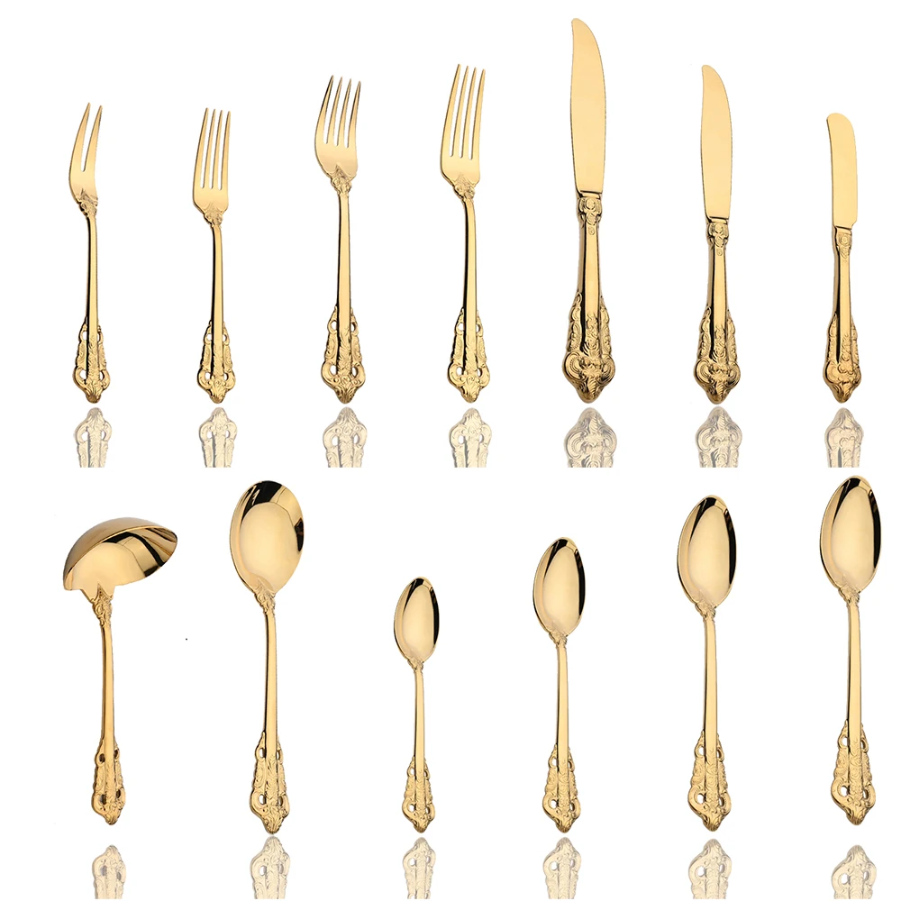 6Pcs Vintage Western Gold Cutlery Dining Dessert Knife Fork Spoon Cuterly Set Golden Luxury Dinnerware Engraving Tableware Set