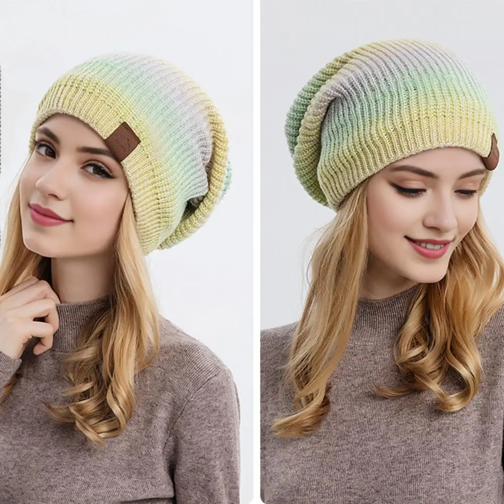 Women Velvet Thickened Rainbow Hat Colorful Gradient Rainbow Knitted Winter Hat for Women Windproof Skiing Beanie with Ear