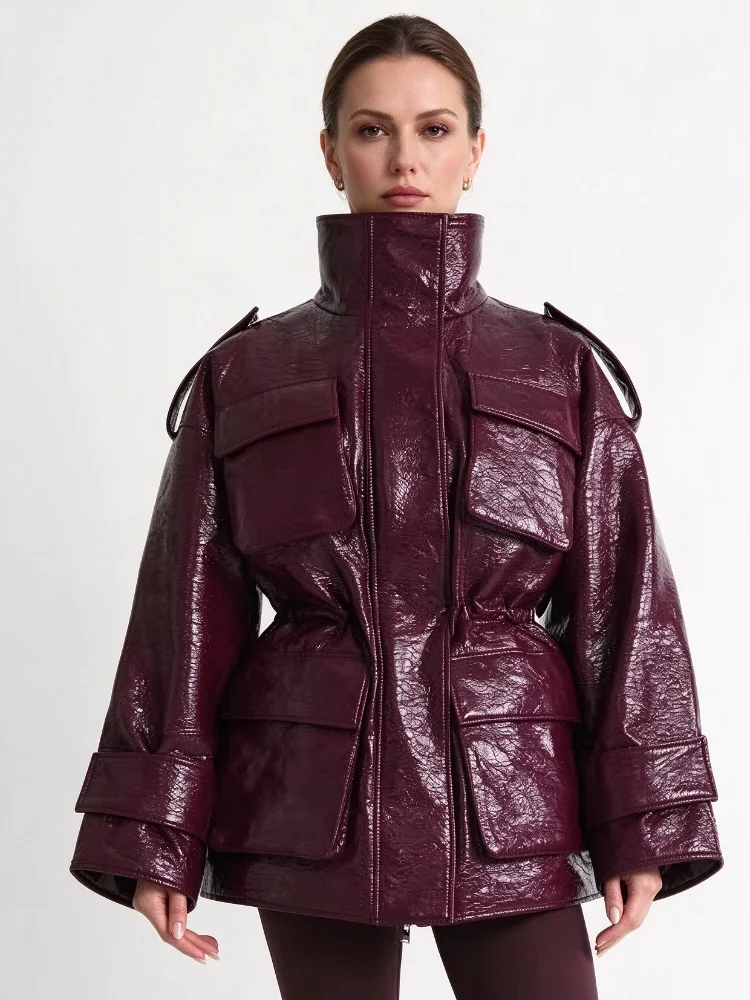 Women Oversized Glossy Faux Leather Coat Stand Neck Drawstring Waist Multi Pocket Long Sleeve Daily Casual Winter Outer Jacket
