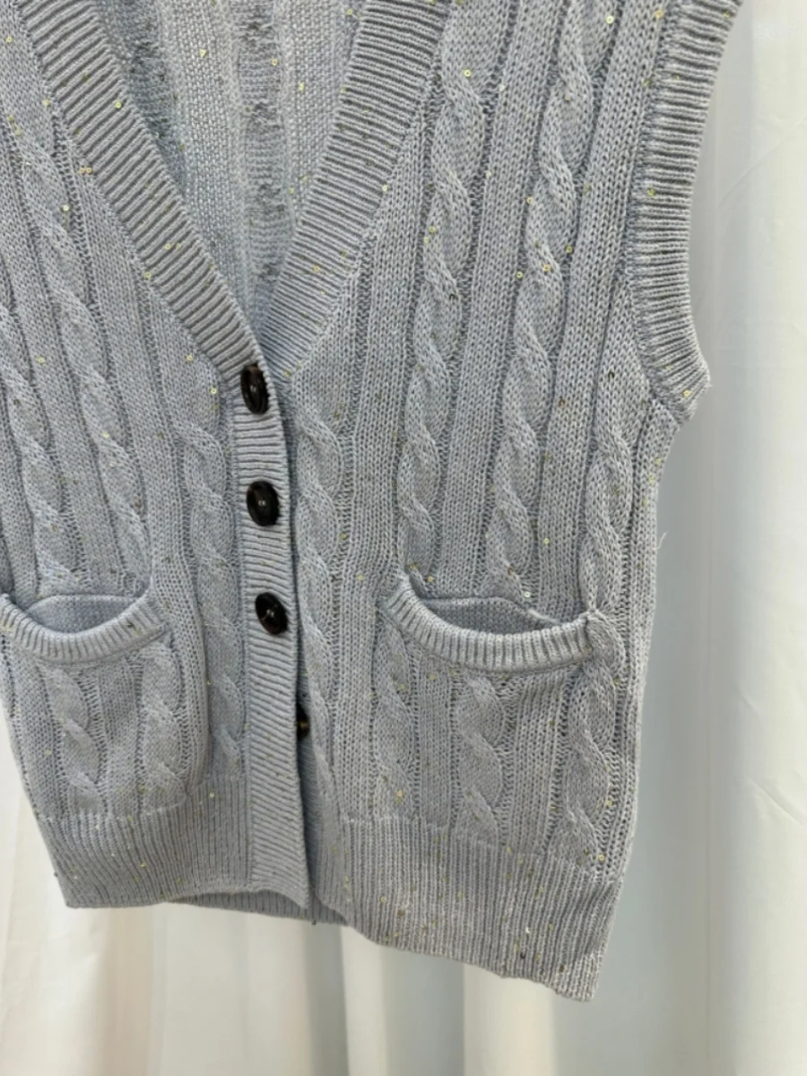 24 B//C New Ladies Linen Sleeveless Knitted High Quality Sequin Vest Twist Button Cardigan