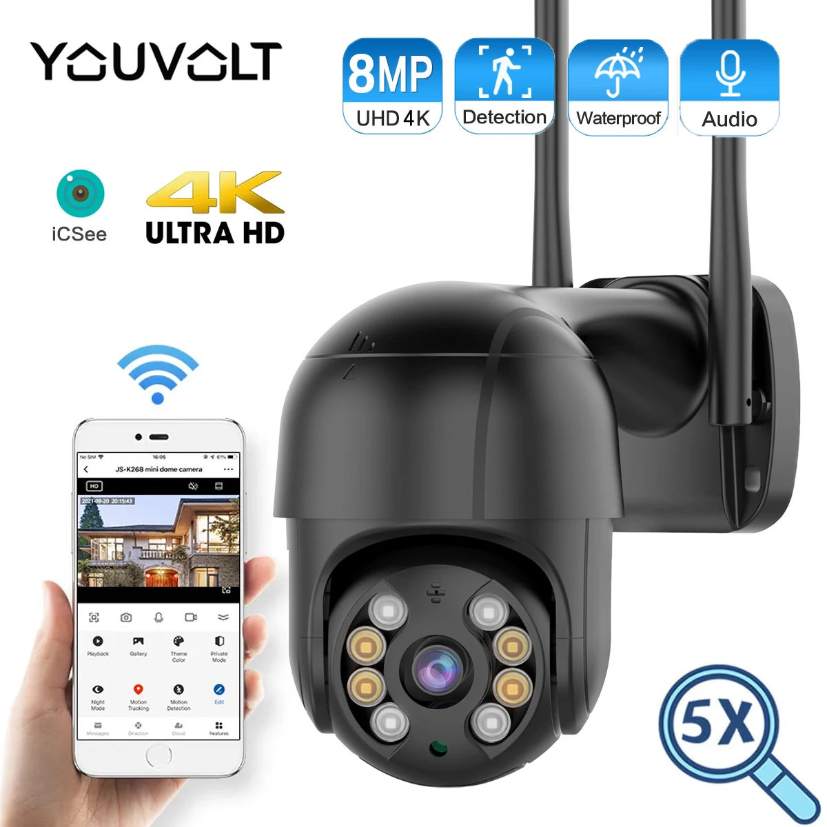 

4K IP Wireless PTZ 8MP Camera HD Color Night Vision Wifi Camera Outdoor Ai Auto Tracking CCTV Surveillance Cam 4X Digital Zoom