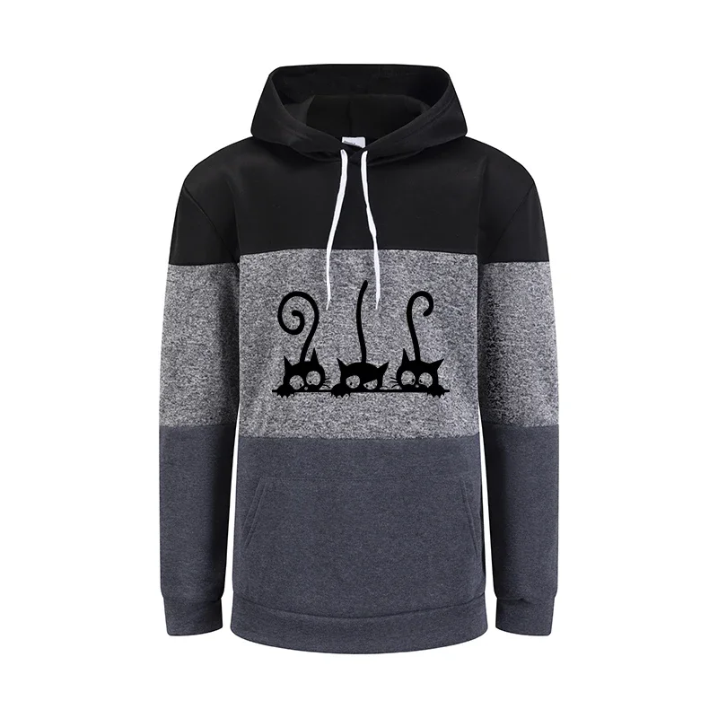 Bloco de cores das mulheres hoodies bonito gato impressão casual moletom esportes jogging topos casa quente conforto emenda roupas femininas
