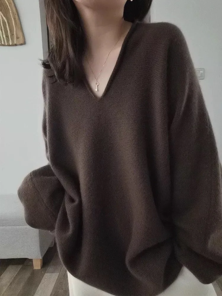 

Lazy Style Women's V-Neck Pullover Sweater 100% Merino Wool Knitted Sweater Casual Large-Sized Top Autumn Winter Fashion Korean