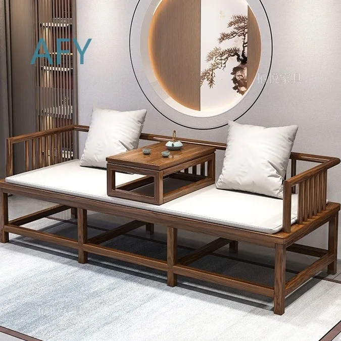 Modern Solid Wood Arhat Bed Sofa Bed for Small Apartment Living Room Household Dual Purpose Chaise Longue Push Pull Recliner