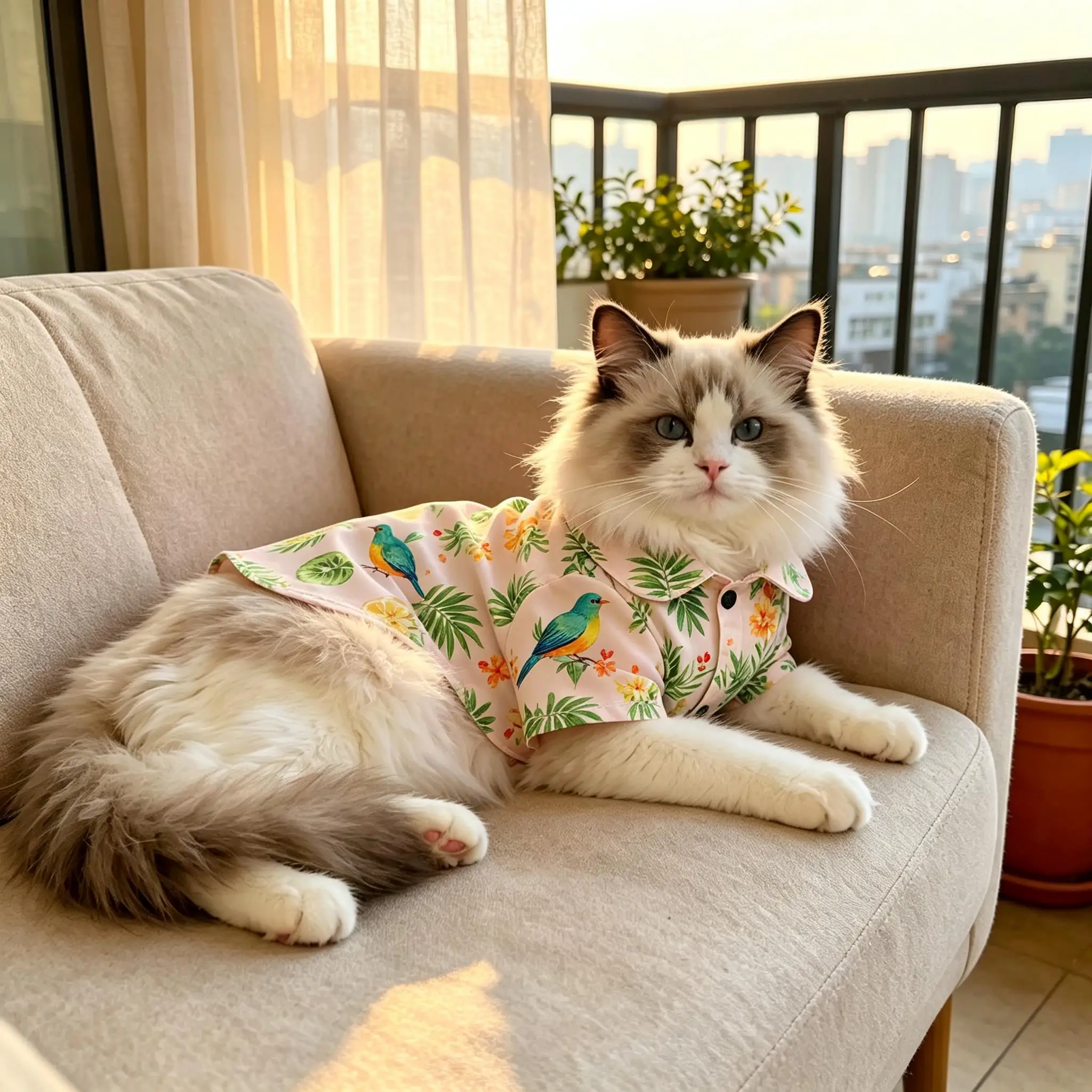 Pet Cat Shirt Pink Tropical Parrot Leaf Print Breathable Button Up for Small Medium Cats Cute Hawaiian Theme Daily Wear