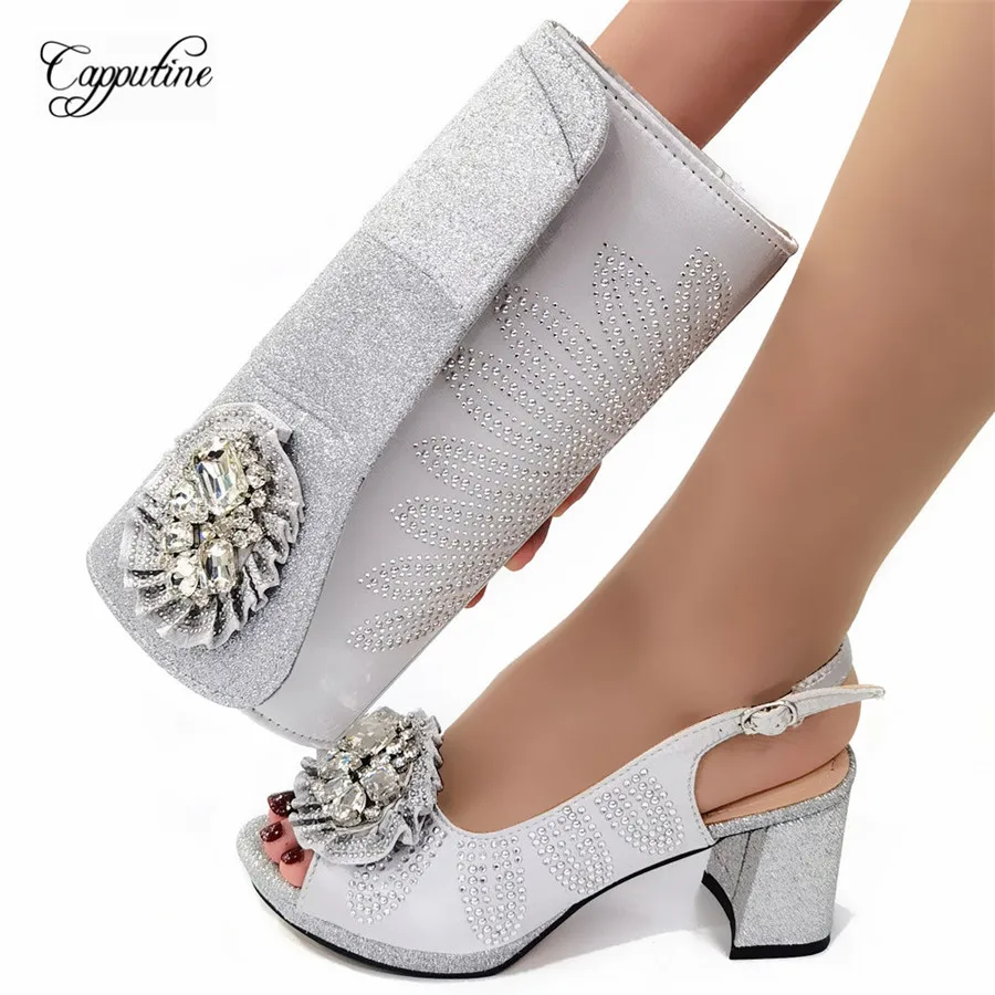 Silver Women Shoes and Bag Set To Match African Ladies High Heels Sandals With Handbag Clutch Party Pumps Femmes Sandales CR803