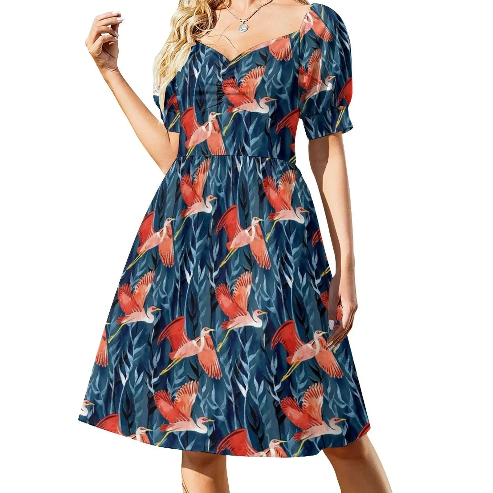 Birds and Reeds in Red and Blue Short-Sleeved Dress Woman dresses elegant dresses for women