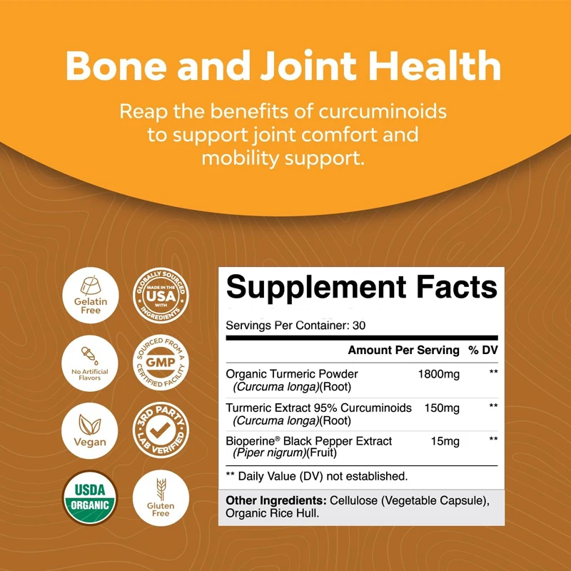 Contendo 95% de pimenta preta e curcumina - um suplemento diário de suporte articular que aumenta a absorção com 60 cápsulas vegetarianas