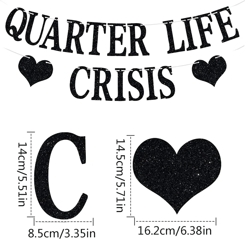 Black Glitter Quarter Life Crisis Banner, Fun Birthday Bunting Sign, Happy 25th/30th Birthday Party Decoration Supplies