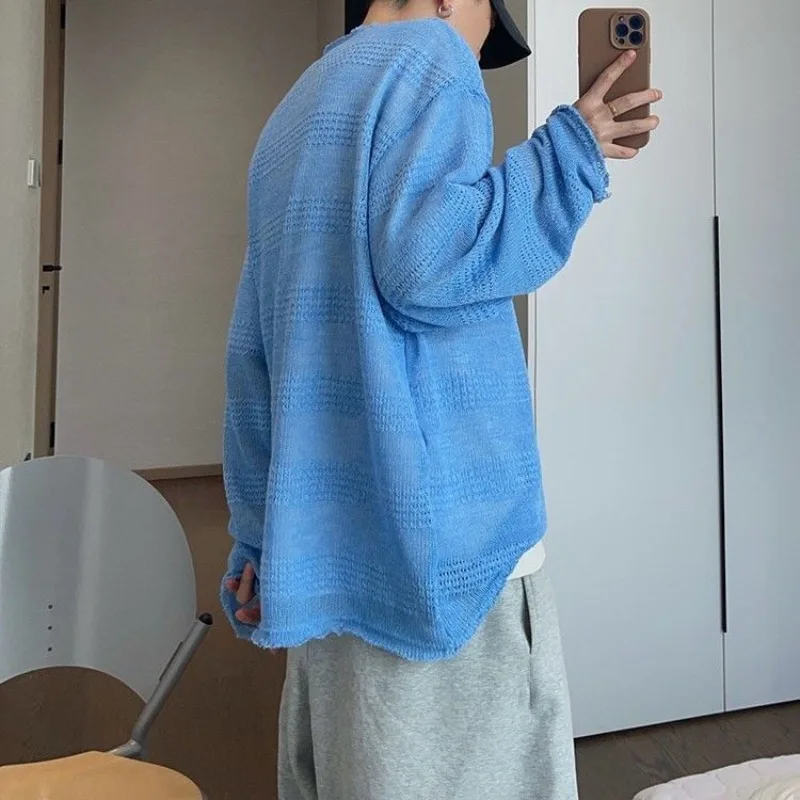 Extra Large Men's Summer Vacation Thin Sweater Lazy Style Light Blue Mesh Breathable Long Sleeve T-shirt Men's Knitted Tops