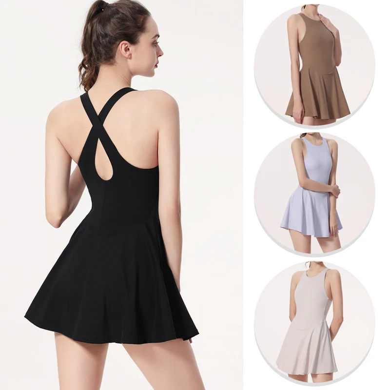 

Cross Backless Summer Yoga Tennis Dress Women's Sleeveless Quick-Dry Badminton Golf Dress with Chest Pad Quick-dry Skirts