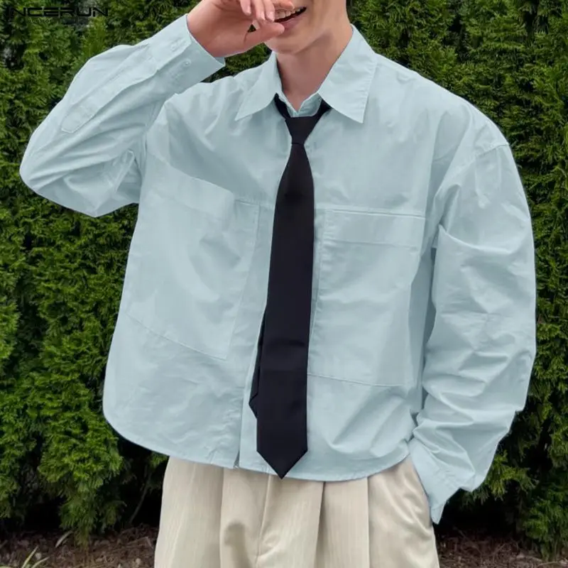 

INCERUN Мужская рубашка сплошной цвет с лацканами и карманами с длинными рукавами повседневная мужская одежда уличная одежда свободные модные укороченные топы в корейском стиле мужские
