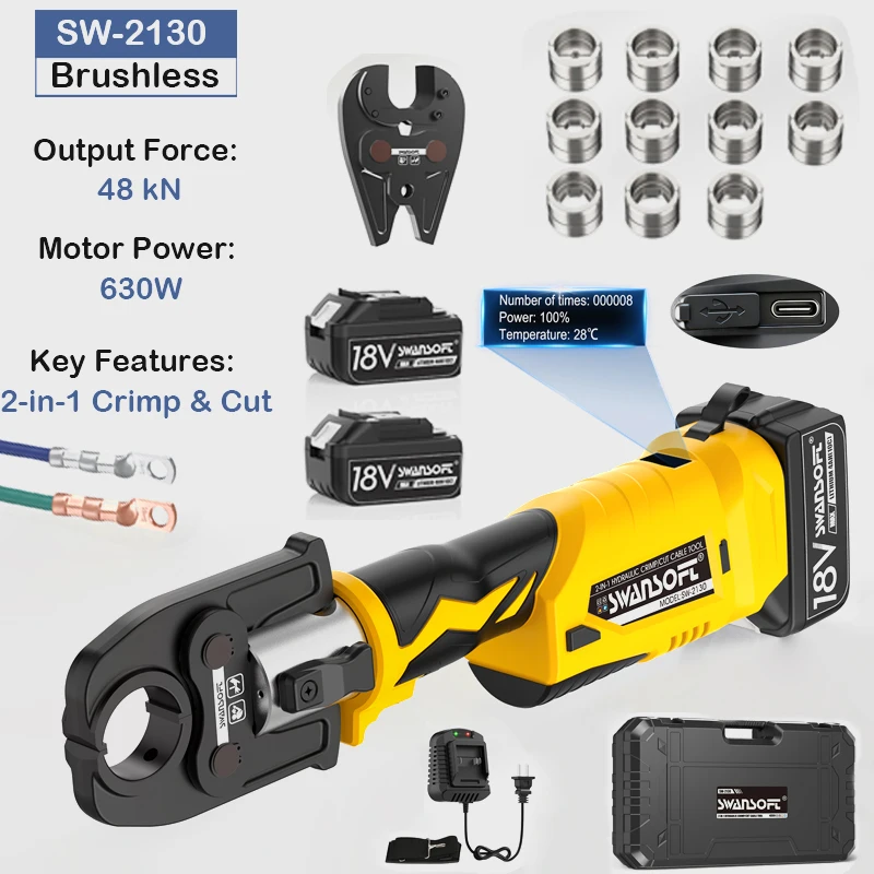 SWANSOFT 2-in-1 Hydraulic Electric Cable Crimping/Cutting Tool 5Ton Battery-Powered Wire Crimper Cutter with 6AWG-600MCM 11 Dies Cordless kit for Cu/Al Terminal lug - view 8