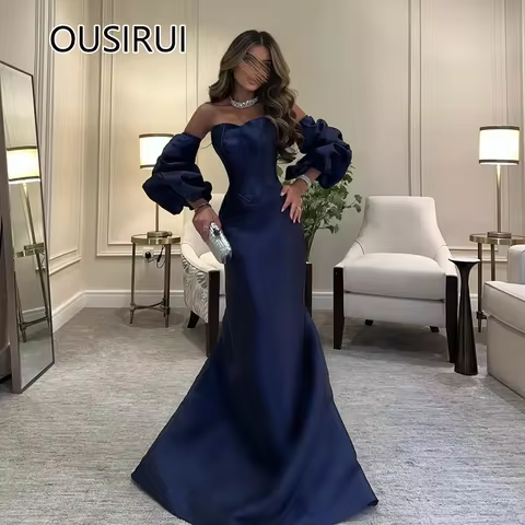 Off-Shoulder Satin Solid Modest Puff Sleeve Bridesmaid Prom Dress Open Back Ruffles Evening Party Dress with Court