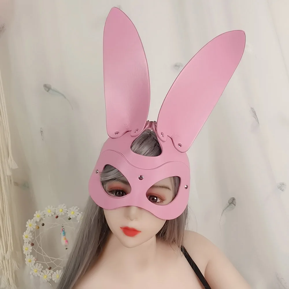 Bunny Mask Rabbit Ears Half Mask for Women Pink PU Leather Cosplay Costume Party Masquerade Halloween Bar Games view 3