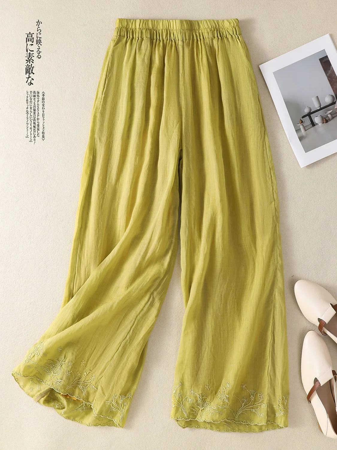 

Художественные легкие прямые брюки из лиоцеллового хлопка и льна с вышивкой, женские летние прохладные дышащие свободные повседневные брюки...