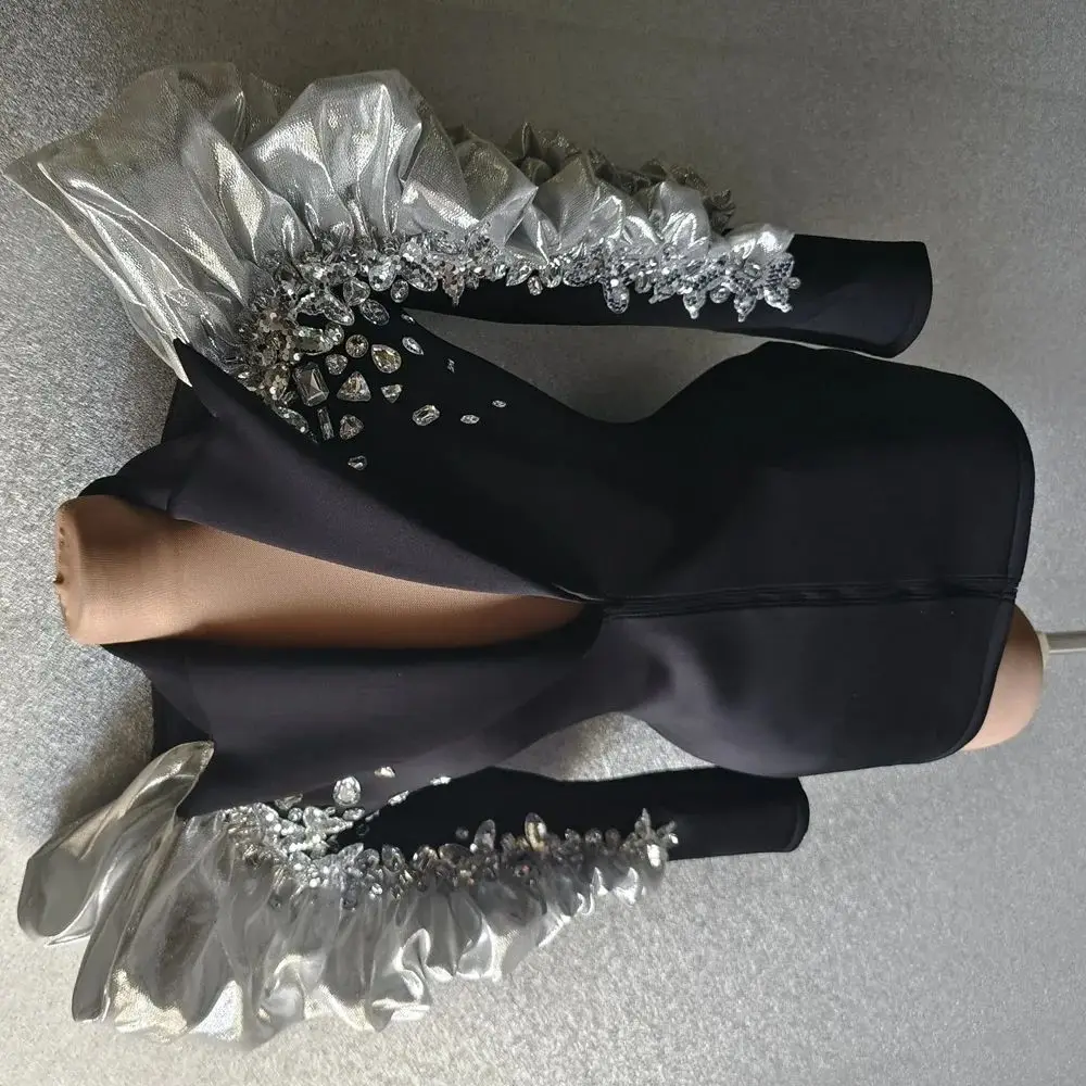 

Sparkly Sequins Rhinestones Big Sleeves Black Jacket Sexy Singer Dancer Nightclub Jazz Dance Costume Performance Show Stage Wear