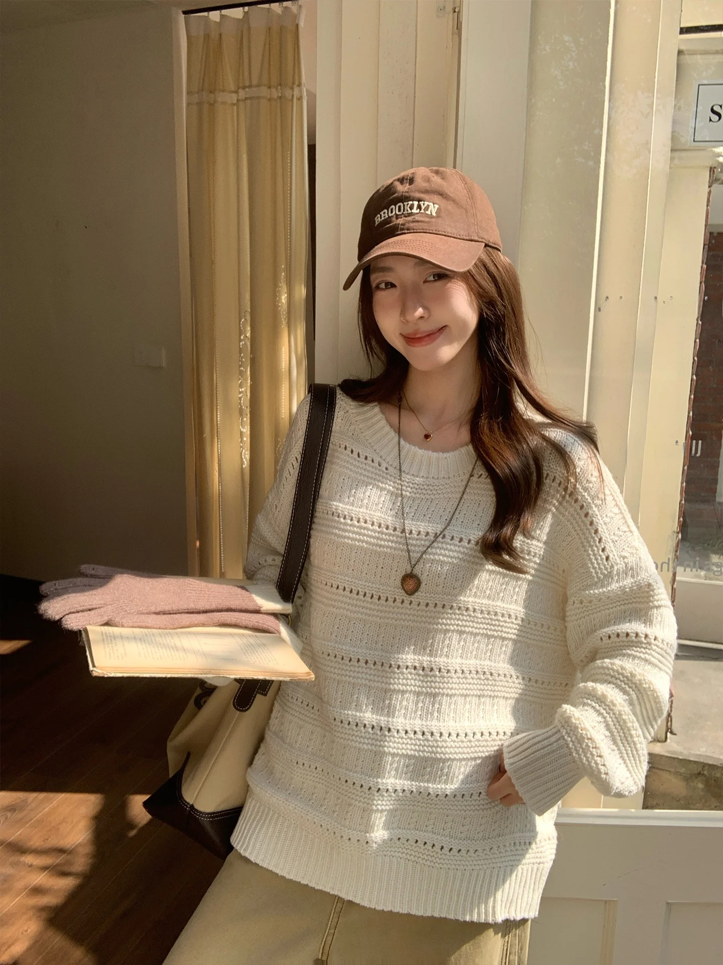 

Morning Bloom Lazy Sle Simple Beige Long Sve Women's Loose Casual Knitted Sweater Hollow out Knitwear Soft Korean Loose Fit