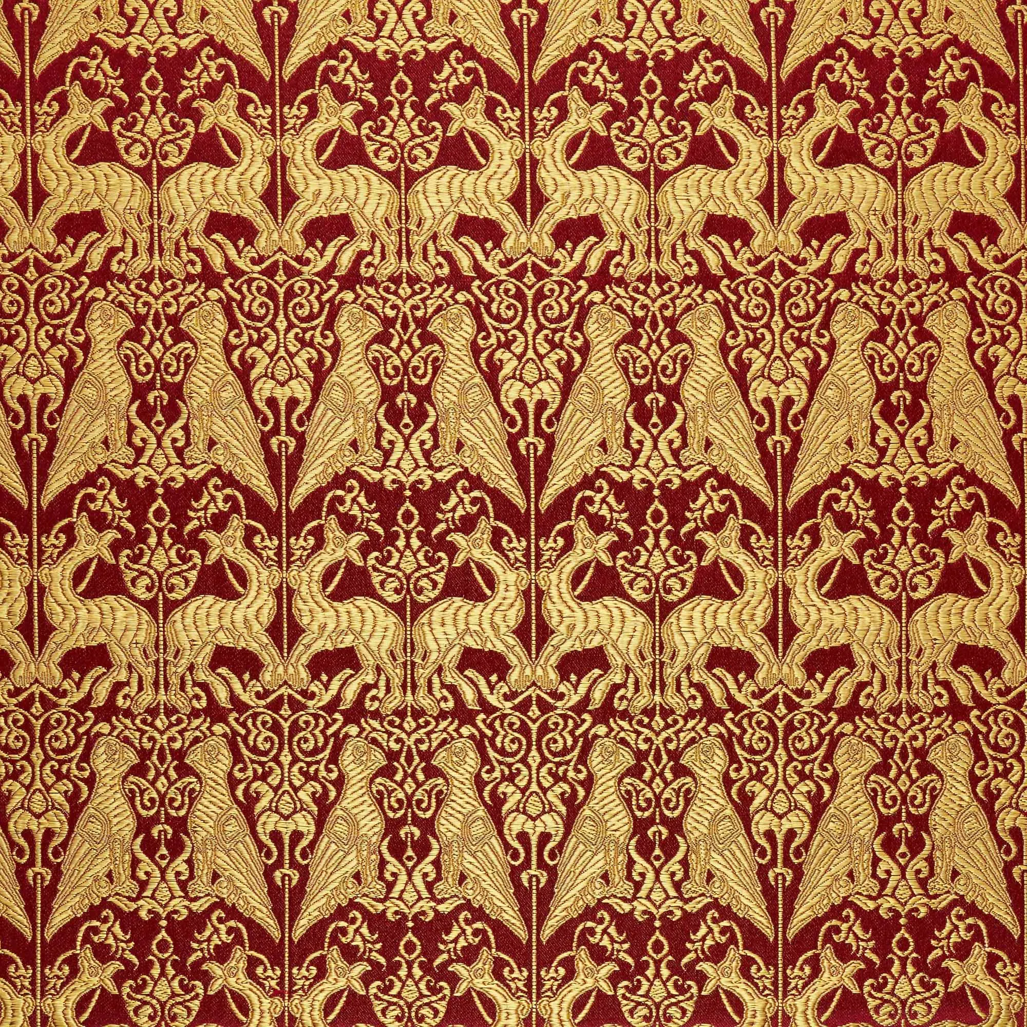 Red ground gold spirit bird deer jacquard woven brocade Chinese style dress fabric