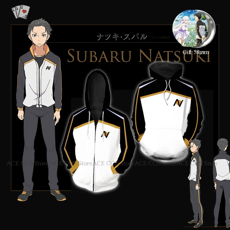 Re:Zero Natsuki Subaru Plus Size Men's Sports Pullover Costume – Zip-up Cardigan Sweatshirt, Anime Halloween Carnival Clothes