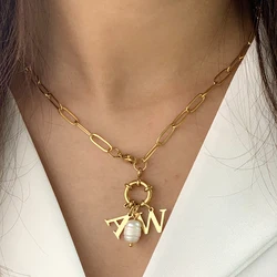 DIY Spring Buckle Necklace Stainless Steel Choker for Women Initial Letter of Freshwater Pearl Pendants for Women's Jewelry Sets