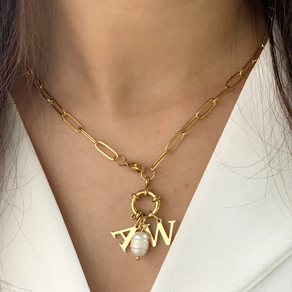 DIY Spring Buckle Necklace Stainless Steel Choker for Women Initial Letter of Freshwater Pearl Pendants for Women's Jewelry Sets