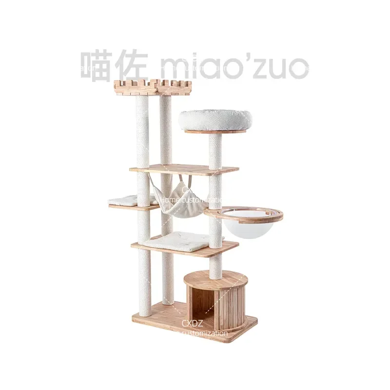 Solid Wood Cat Climbing Frame Integrated Rubber Wood Cat Tree Nest Castle for Large Cats