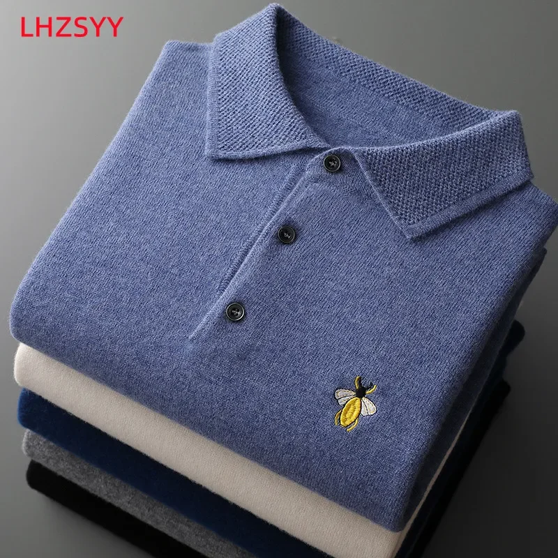 Lhzsyy men's cashmere sweater lapel pullovers autumn winter new100 % pure wool polo collar tops embroidered large size base shir