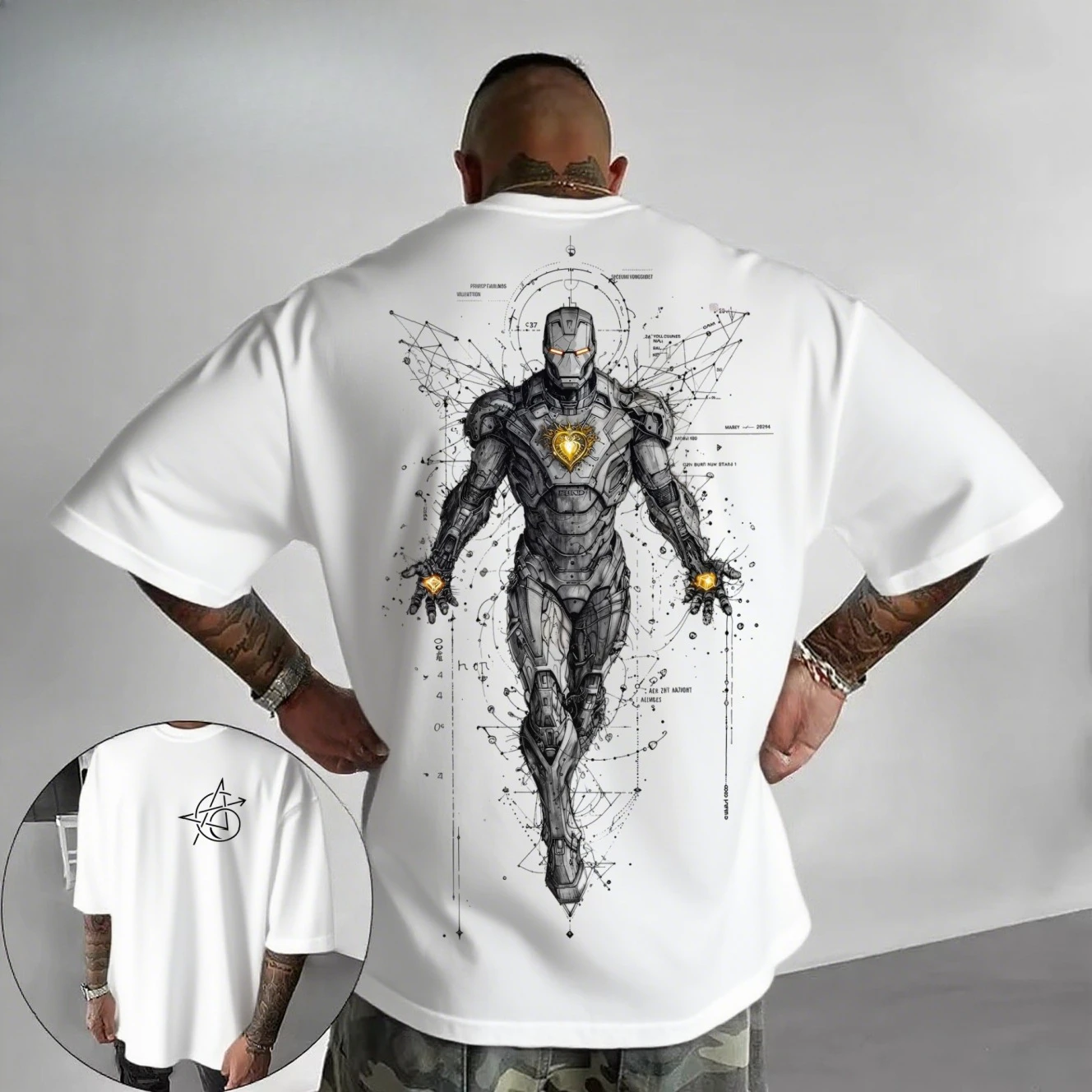 2026 New Cyberpunk Iron Man Tech Line Art Back Print T Shirt Men Summer Cotton Short Sleeve O Neck Oversized White Casual Tops