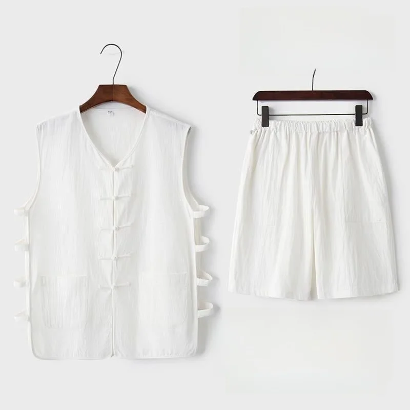 Tagkita Men's Summer Loose Breathable Thin Short-sleeved Vest And Shorts Set Button-Up Retro  Casual Ethnic Wear