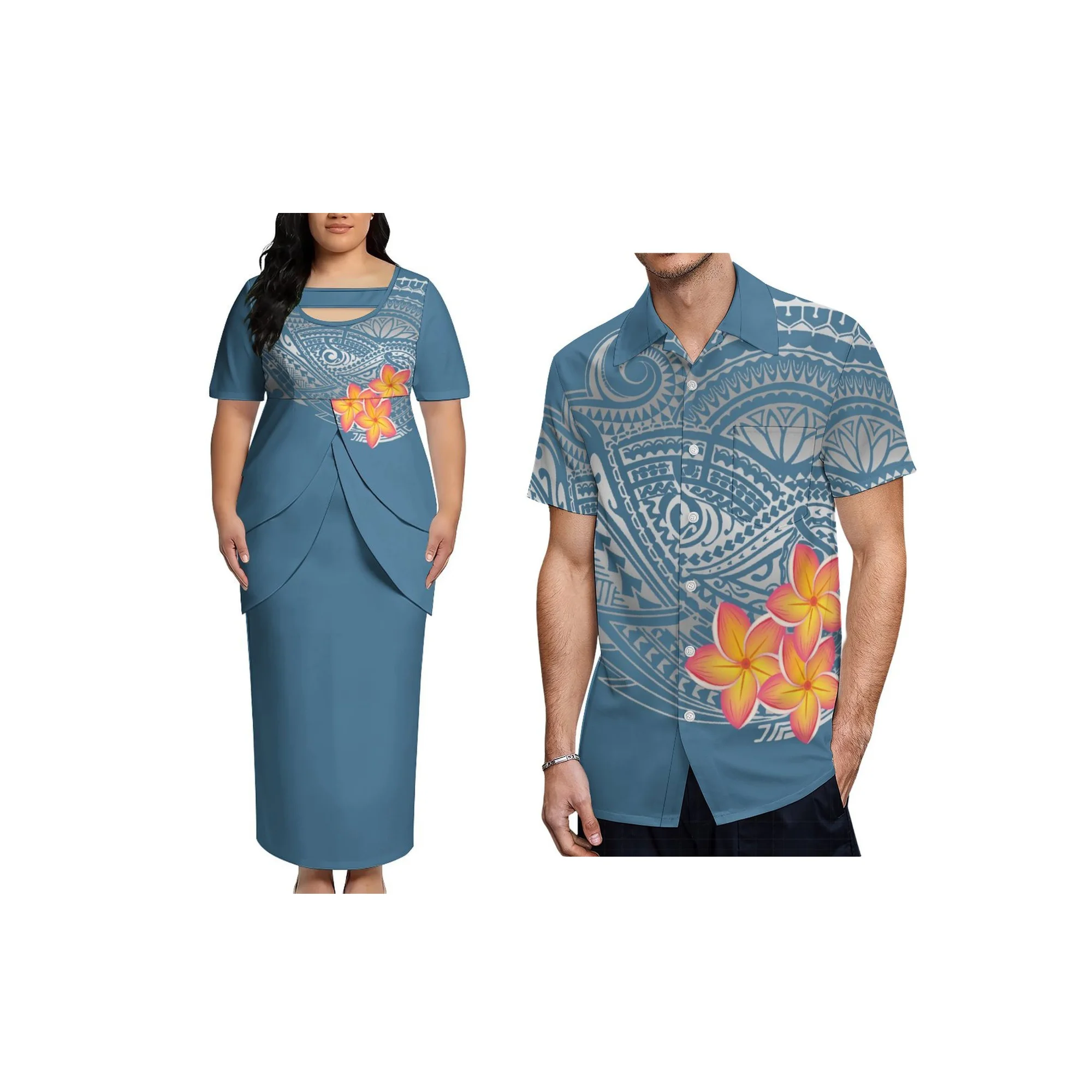 

High Quality Custom Pacific Island Style Plus Size Ladies Dress Samoa Puletasi Dress Half Sleeve Top Skirt Suit Two Piece