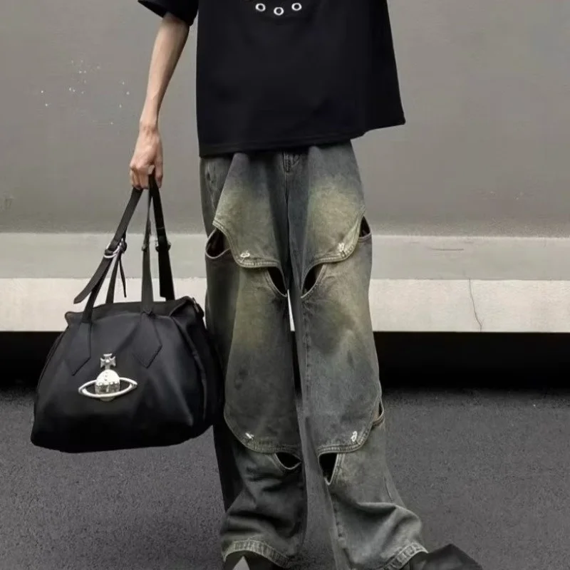 

Autumn Winter Large Size Men's Jeans Vintage Waed Hole Straight Leg Drapey Long Trousers Street Sle Hip Hop Loose Fit