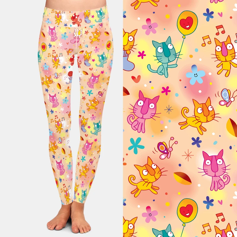 LETSFIND High Elastic Fitness Leggins Cartoon Cats Flower Music Elements Digital Printing Girl Pants Woman's Full Leggings