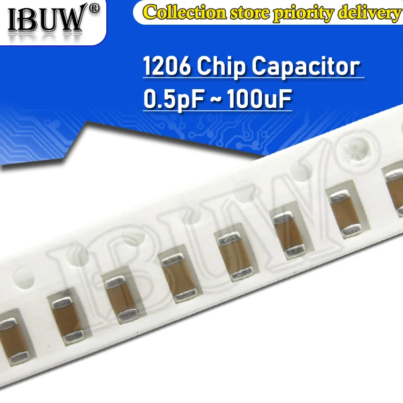 100ชิ้น1206 SMD ชิปตัวเก็บประจุเซรามิกหลายชั้น0.5pF-100uF 10pF 10nF 1nF 100pF 100nF 15nF 0.1uF 1uF 2.2UF 4.7uF 10uF 47uF