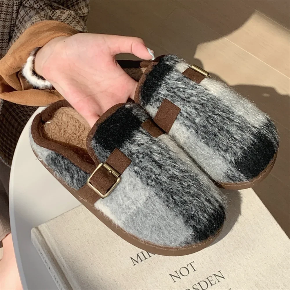 Plush creative color matching plaid all inclusive cotton slippers women's winter warm casual retro style indoor soft-soled clogs