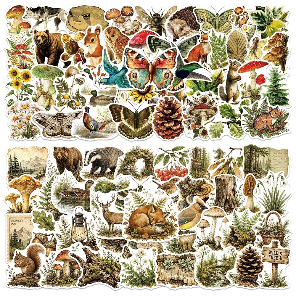 10/30/50/100pcs Cartoon Forest Animal Plant Aesthetic Stickers Decals DIY Laptop Skateboard Helmet Guitar Retro Graffiti Sticker