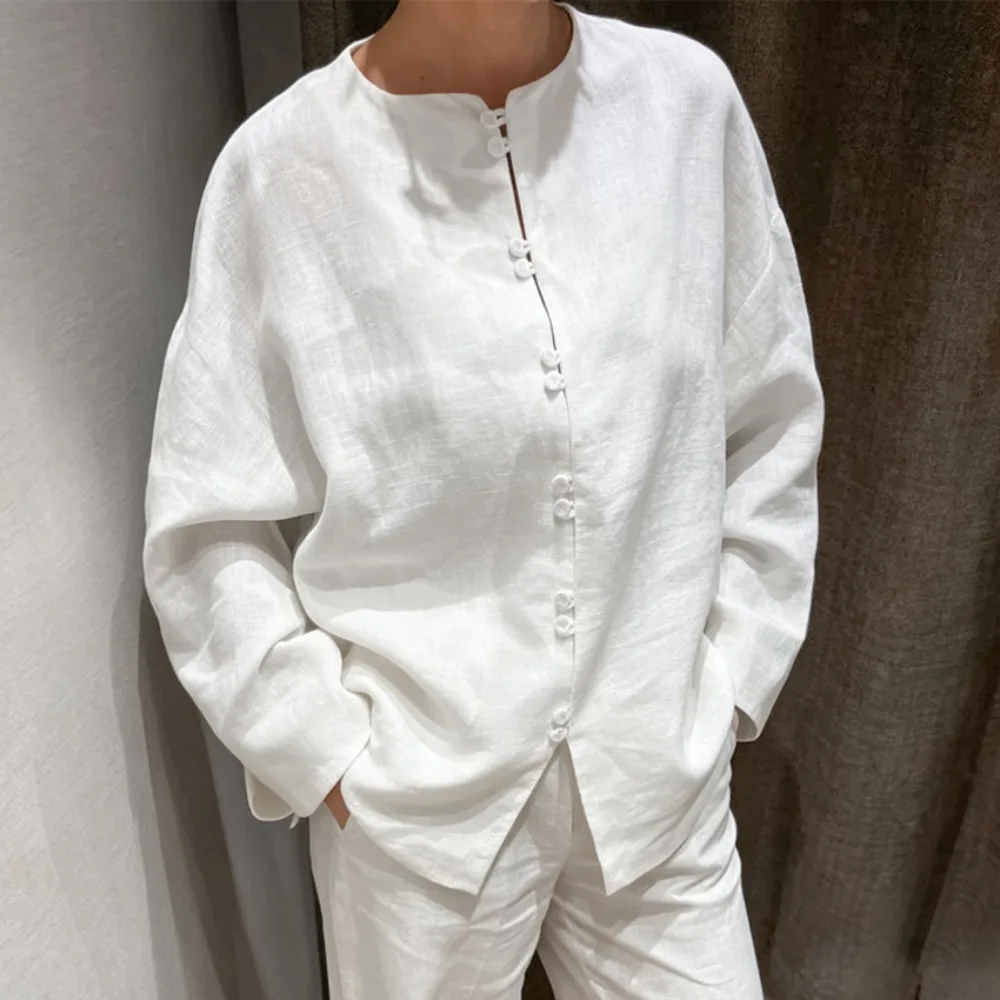 Chinese Style O-neck Cotton Shirt Spring and Autumn Women Trend Loose Soft Office Travel Single Breasted Long Sleeved Casual Top
