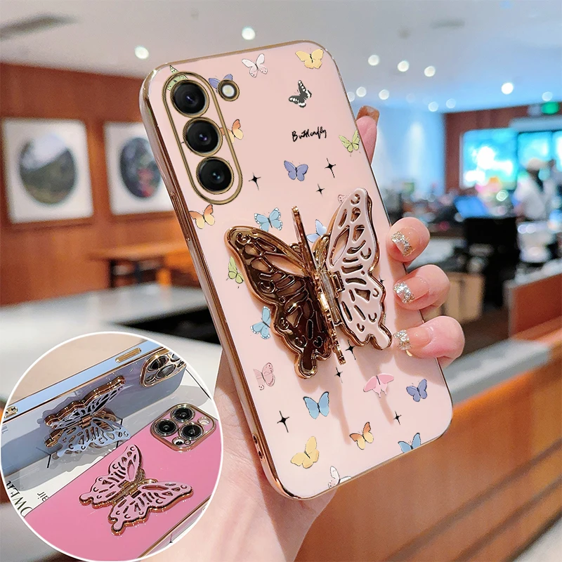 Caixa de telefone de suporte de chapeamento de pequena borboleta, capa para Samsung S23, S23Ultra, S24Plus, S23FE, S24, S24FE, S20, S22, S21FE, S21, S23Plus