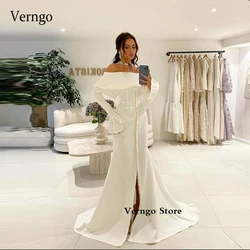 Verngo Matte Satin Ivory Saudi Arabic Women Evening Dresses Off the Shoulder Long Sleeves Formal Occasion Prom Gowns Outfit