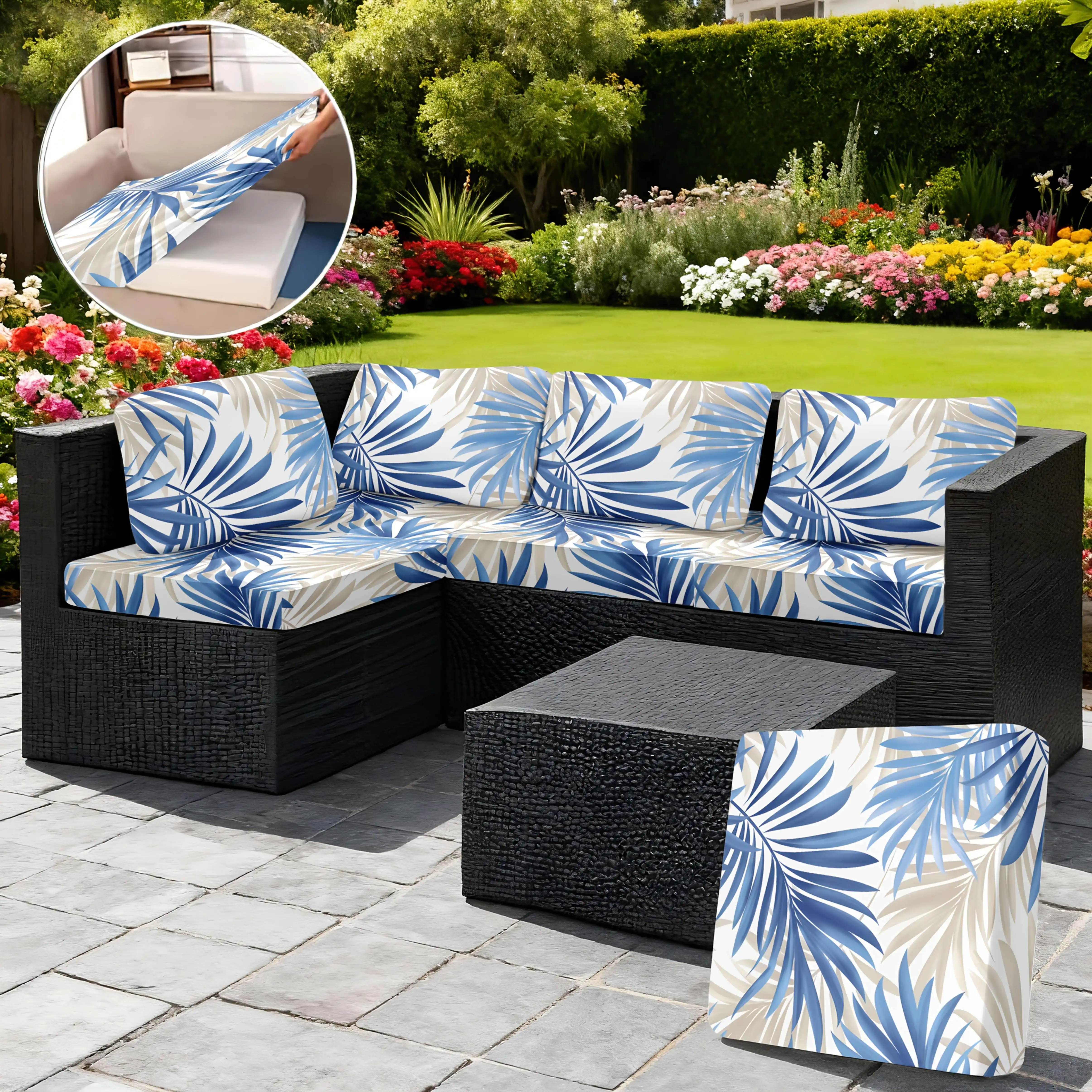 6/8pcs Minimalist Blue Palm Leaf Outdoor Patio Sofa Cushion Cover, Removable Washable Patio Furniture Slipcover