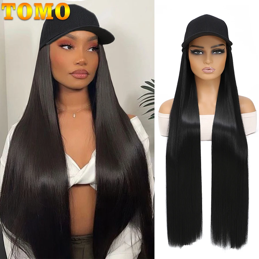 Tomo Baseball Cap Met Hair Extensions Voor Vrouwen Synthetische 32 ''Verstelbare Lange Rechte Haarstukje Vervangende Pruiken In Hoed