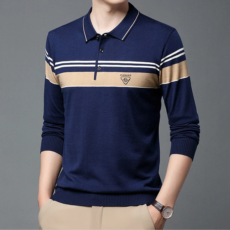 Atasan kerah Polo rajut warna polos, bordir dasar sederhana harian kasual Pullover kerah Lapel untuk pria