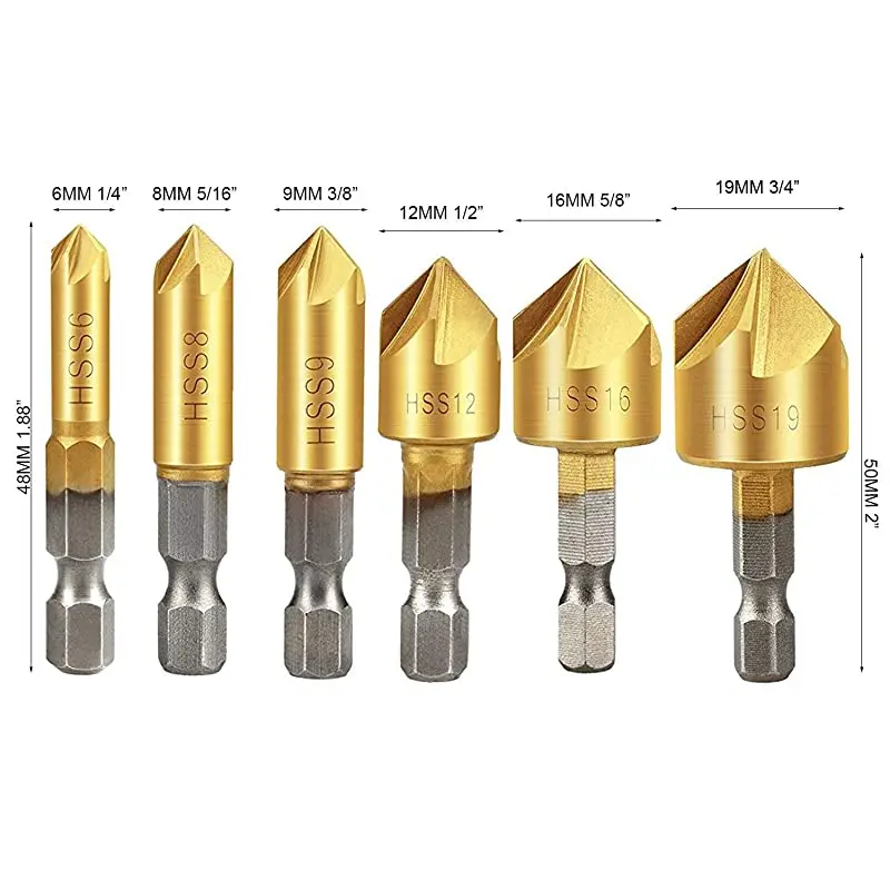 6/3 pcs Countersink Drill Bit Set 1/4\'\' Hex Shank HSS 5 Flute Countersink 90 Degree Wood Chamfering Cutter Woodworking Tools