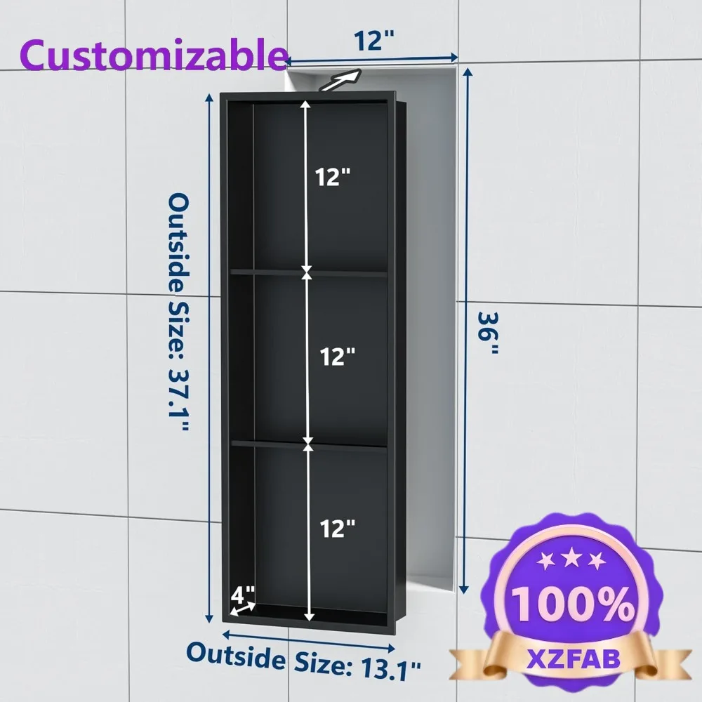 Factory Direct 2026 Matte Black Stainless 3-Tier Recessed Shower Niche, 12x36 Inches, Tile Ready, No Tile Needed for Shower